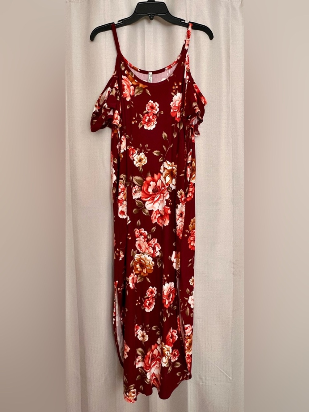 Mother Bee Red Floral Cold Shoulder Maxi Dress XL Pockets